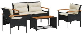 368398 vidaXL Set mobilier de grădină cu perne, 4 piese, negru, poliratan