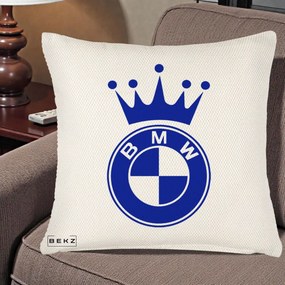 Perna Personalizata cu emblema BMW si Coroana, 40x40 cm, Crem Reliefat, Husa Detasabila, Perna Inclusa, BEKZ®