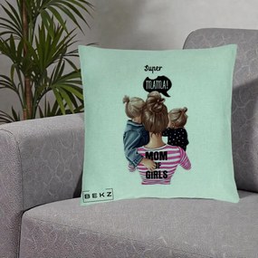 Cadou pentru Mama - Perna Personalizata Super Mama Mom of Girls, 40x40 cm, Verde Menta, Husa Detasabila, Perna Inclusa, BEKZ®