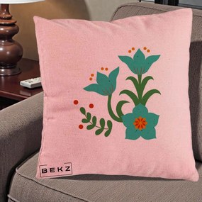 Perna Decorativa Flori Stilizate Folk Turcoaz, 40x40 cm, Roz, Husa Detasabila, Perna Inclusa, BEKZ®
