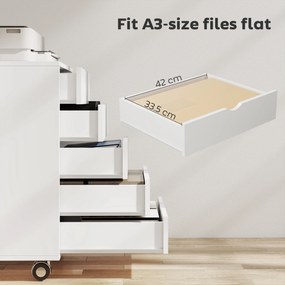 HOMCOM Dulap pentru birou cu 5 sertare pentru documente A3, pe roți și cu încuietoare, 50x40x67.5 cm, alb | Aosom Romania