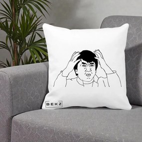 Perna Decorativa Jackie Chan WTF, 40x40 cm, Alba Mata, Husa Detasabila, Perna Inclusa, BEKZ®