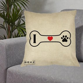Perna Personalizata I Love Dog Os si Labuta, 40x40 cm, Crem, Husa Detasabila, Perna Inclusa, BEKZ®