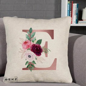 Cadou Personalizat - Perna Personalizata Monograma Rose Gold Litera E, 40x40 cm, Bej Canapea, Husa Detasabila, Perna Inclusa, BEKZ®