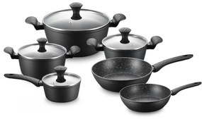 Set oale si tigai Royalty Line FD10, 10 piese, Aluminiu turnat, Acoperire din marmura Greblon, Inductie, Negru