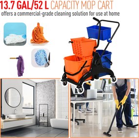 HOMCOM Cărucior Profesional de Curățenie cu 2 Găleți de 26L, Cărucior cu Presă, Mâner și 4 Roți Universale, pentru Hotel, Casă, Birou, 78x45x95 cm, Portocaliu și Albastru | Aosom Romania