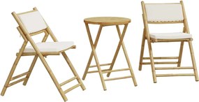 vidaXL Set de bistro pliabil, 3 piese, cu perne alb crem, bambus