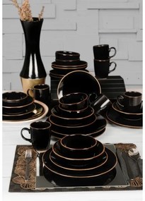Set de veselă, 30 piese, negru/auriu, din ceramică vitrificată