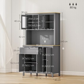 HOMCOM Armarie de bucătărie bufet de bucătărie 5 uși dintre care 2 uși din sticlă și 1 sertar, 1 nișă centrală - înălțime 180 cm gri | Aosom Romania