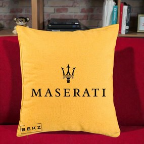 Perna Personalizata cu emblema Maserati, 40x40 cm, Galben, Husa Detasabila, Perna Inclusa, BEKZ®