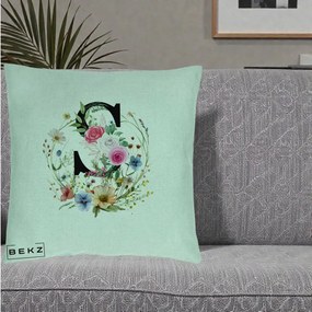 Cadou Personalizat - Perna Personalizata Monogram Litera S cu Flori Acuarela, 40x40 cm, Verde Menta, Husa Detasabila, Perna Inclusa, BEKZ®