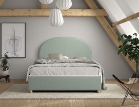 Pat tapițat pentru copii MOON, 140 x 200 cm, verde, cu țesătură bouclé și spațiu de depozitare – Vipack