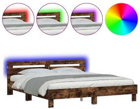 3207522 vidaXL Cadru de pat cu tăblie și LED, stejar fumuriu, 200x200 cm