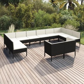 Set mobilier de gradina cu perne, 12 piese, negru, poliratan