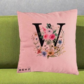 Cadou Personalizat - Perna Personalizata Monograma Florala Litera W, 40x40 cm, Roz, Husa Detasabila, Perna Inclusa, BEKZ®