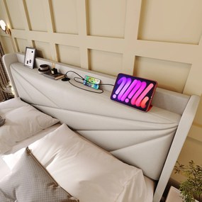 Pat dublu cu ladă de depozitare, funcție de încărcare USB Tip C, din bumbac și in, fără saltea, 160x200 cm, Bej