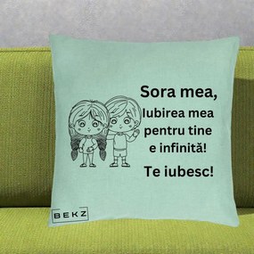 Cadou pentru Sora - Perna Personalizata Sora Mea Te Iubesc Copii Anime Line Art, 40x40 cm, Verde Menta, Husa Detasabila, Perna Inclusa, BEKZ®