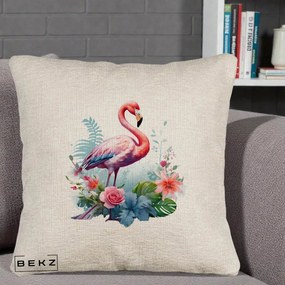 Perna Decorativa Flamingo cu Flori Tropicale Acuarela, 40x40 cm, Bej Canapea, Husa Detasabila, Perna Inclusa, BEKZ®