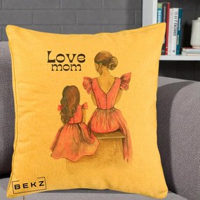 Cadou pentru Mama - Perna Personalizata Love Mom Rochii Roz, 40x40 cm, Galben, Husa Detasabila, Perna Inclusa, BEKZ®