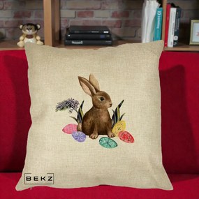 Perna Decorativa Iepuras cu Oua de Pasti Acuarela, 40x40 cm, Crem, Husa Detasabila, Perna Inclusa, BEKZ®