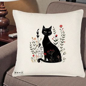 Perna Decorativa Pisica Neagra Botanica Rosu-Gri, 40x40 cm, Crem Reliefat, Husa Detasabila, Perna Inclusa, BEKZ®