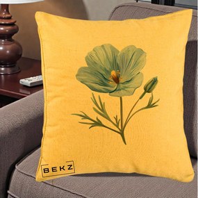 Perna Decorativa Mac Albastru Acuarela, 40x40 cm, Galben, Husa Detasabila, Perna Inclusa, BEKZ®