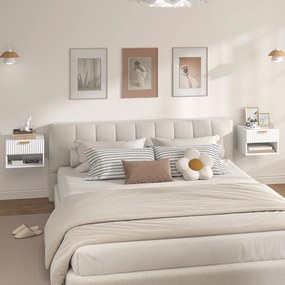 HOMCOM Set de 2 Noptiere Suspendate cu Panouri Canelate, Sertar și Raft, 40x34x29 cm, Alb | Aosom Romania