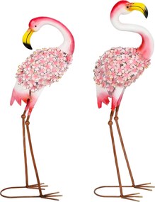 Outsunny Set 2 statuete Flamingo pentru grădină, păsări metalice cu pene florale, sculpturi cu țăruși de ancorare, Roșu | Aosom Romania