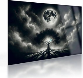 Tablou pe sticlă – Arbore alb-negru în lună plină (70x50 cm)