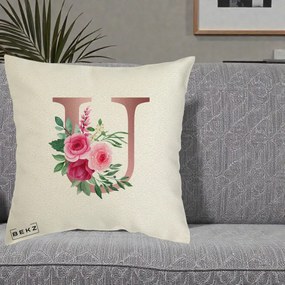 Cadou Personalizat - Perna Personalizata Monograma Rose Gold Litera U, 40x40 cm, Ecru, Husa Detasabila, Perna Inclusa, BEKZ®