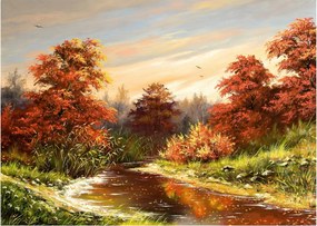 Tablou pe sticlă - Râu în peisaj de toamnă (70x50 cm)