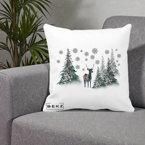 Perna Decorativa Ren in Padure Inzapezita, 40x40 cm, Alba Mata, Husa Detasabila, Perna Inclusa, BEKZ®