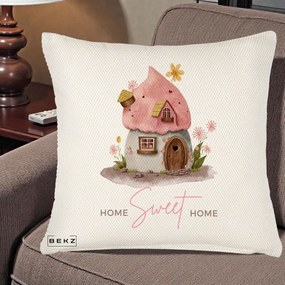 Perna Decorativa Home Sweet Home Casuta, 40x40 cm, Crem Reliefat, Husa Detasabila, Perna Inclusa, BEKZ®