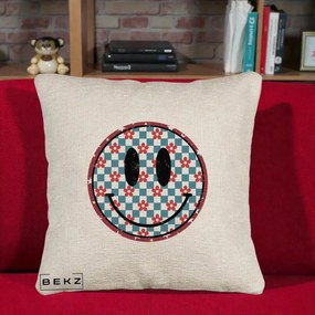 Perna Decorativa Smiley Face Checkered cu Floricele, 40x40 cm, Bej Canapea, Husa Detasabila, Perna Inclusa, BEKZ®