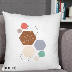 Perna Decorativa Geometric Hexagoane Multicolor, 40x40 cm, Alb Pufos, Husa Detasabila, Perna Inclusa, BEKZ®