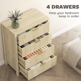 HOMCOM Comodă pentru Dormitor cu 4 Sertare Canelate, Comodă din Lemn cu Mânere Aurii, pentru Sufragerie, Sala de Mese și Hol, 70x38x93 cm, Lemn Natural | Aosom Romania