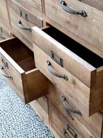 Consola din lemn masiv, cu sertare si roti, aspect rustic