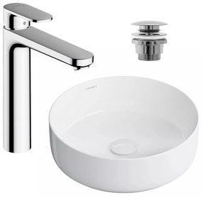 Pachet lavoar pe blat Omnires Tulsa alb 36 cm, baterie lavoar Hansgrohe Vernis Blend crom si ventil lavoar Click-Clack crom