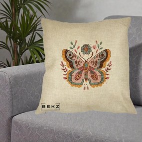Perna Decorativa Fluture Boho Floral, 40x40 cm, Crem, Husa Detasabila, Perna Inclusa, BEKZ®