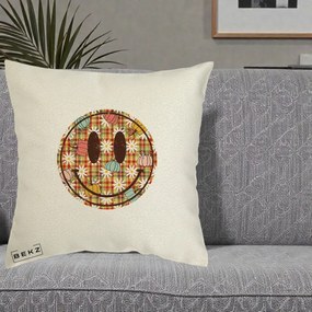 Perna Decorativa Smiley Face de Toamna cu Tartan si Dovlecei, 40x40 cm, Ecru, Husa Detasabila, Perna Inclusa, BEKZ®