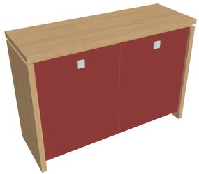 Dulap mic Verno 128 x 46 x 90 cm, uși de sticlă, stejar deschis / roșu
