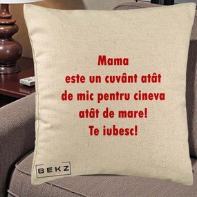 Cadou pentru Mama - Perna Personalizata Mama Cuvant Mic, 40x40 cm, Bej, Husa Detasabila, Perna Inclusa, BEKZ®