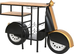 Bar decorativ din metal, negru, formă de scuter cu blat din lemn și suport pentru sticle și pahare, finisaj vopsit, 92 x 134 x 36 cm, „Menton”