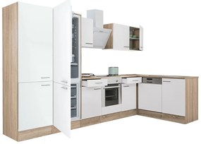 Mobilă de bucătărie de colț Yorki 340, corp din stejar sonoma, față alb satinat, element cuptor inferior, dulap cu raft, frigider congelator inferior