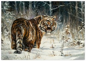 Tablou pe sticlă - Tigru într-o pădure înzăpezită, pictură în ulei (70x50 cm)