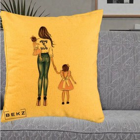 Cadou pentru Mama - Perna Personalizata Mom of Girls Mama cu Fetele, 40x40 cm, Galben, Husa Detasabila, Perna Inclusa, BEKZ®