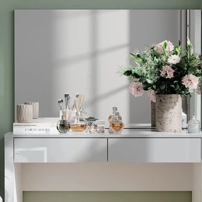 Masuta machiaj cu Oglinda LED si 2 Sertare pentru Cosmetice, Set Masa toaleta 110 cm, Alb Lucios, masuta cosmetica, vanity - SEA812