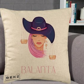 Perna Personalizata Zodiac Balanta Cowgirl, 40x40 cm, Bej, Husa Detasabila, Perna Inclusa, BEKZ®