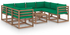Set mobilier de gradina cu perne verzi, 9 piese Verde, 4x colt + 4x mijloc + masa, 1