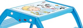 Masuta copii din plastic aditivat cu doua bancute Novokids™ Study Table, 95X78X49 cm, Suprafata lucioasa, Model Baietel cu Catelus, Albastru